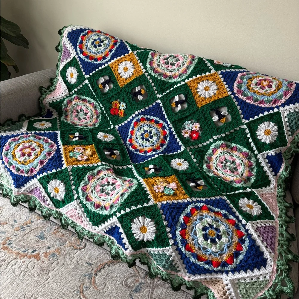 Secret garden style floral granny afghan Handmade Crochet blanket 75” x …